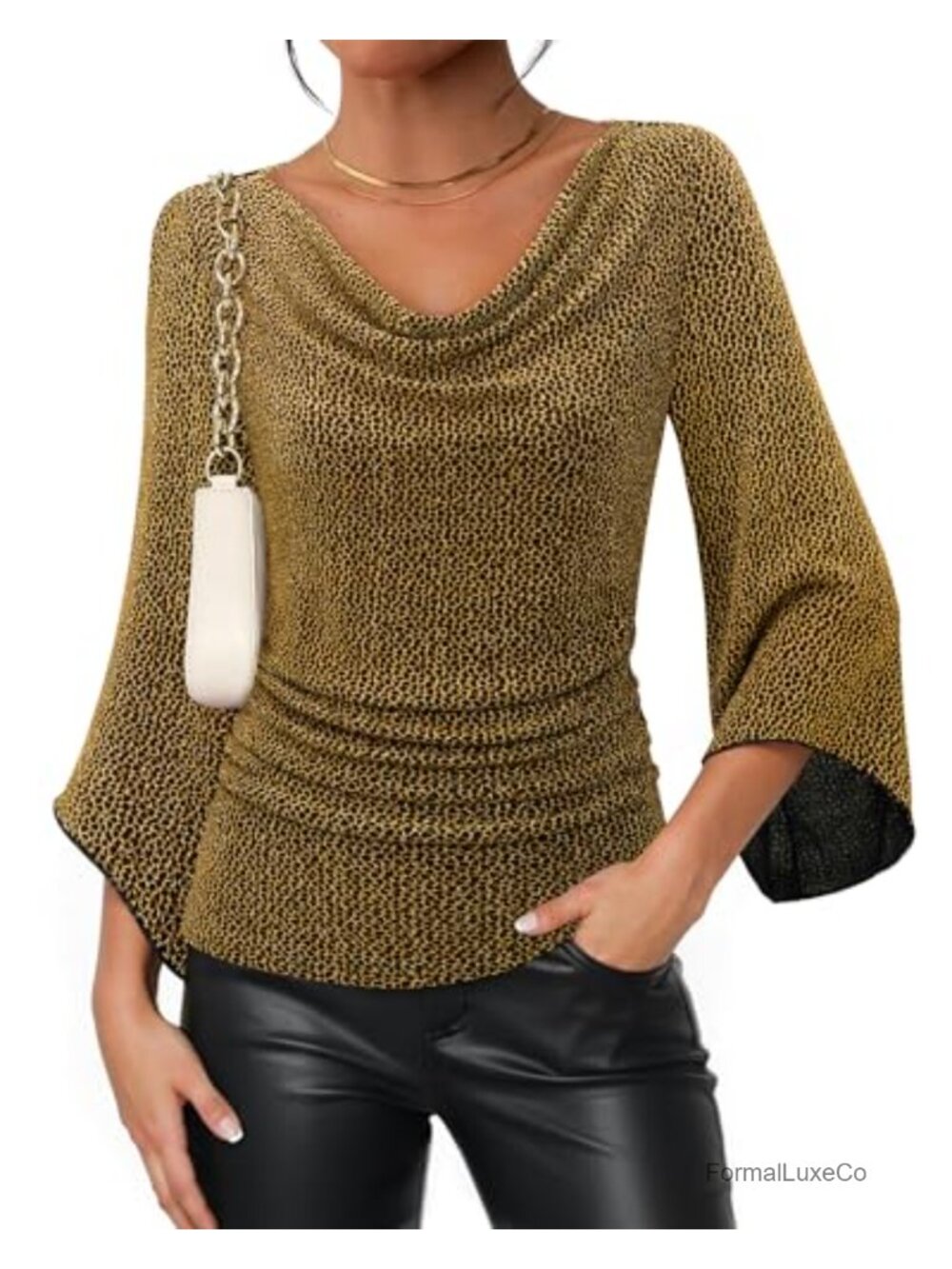 Dressy Cowl Neck 3/4 Bell Sleeve Sparkly Mesh Blouse Ruched Waist Slimming Tunic